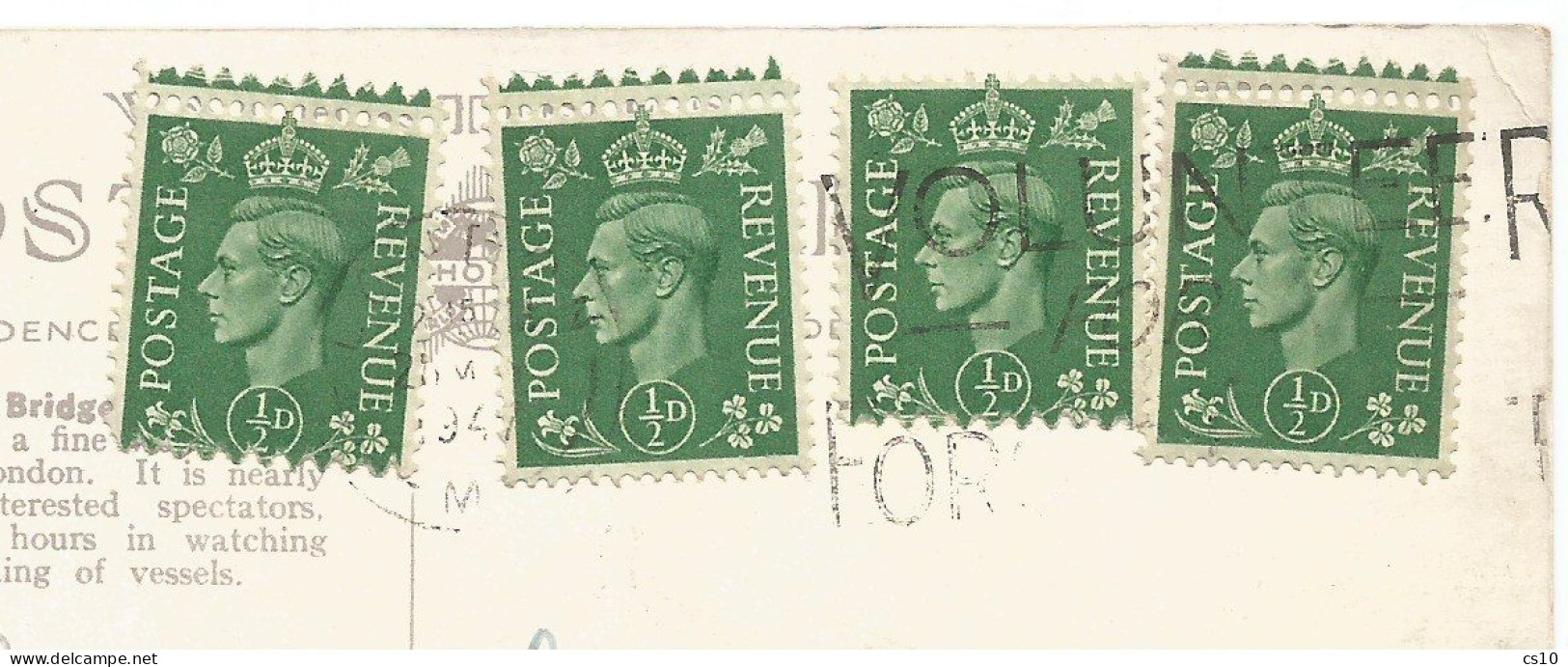 UK Britain Error / Variety Miscut From Distributors On 4x Half Penny KG6 On Pcard London 25apr1947 To Italy - Variedades, Errores & Curiosidades