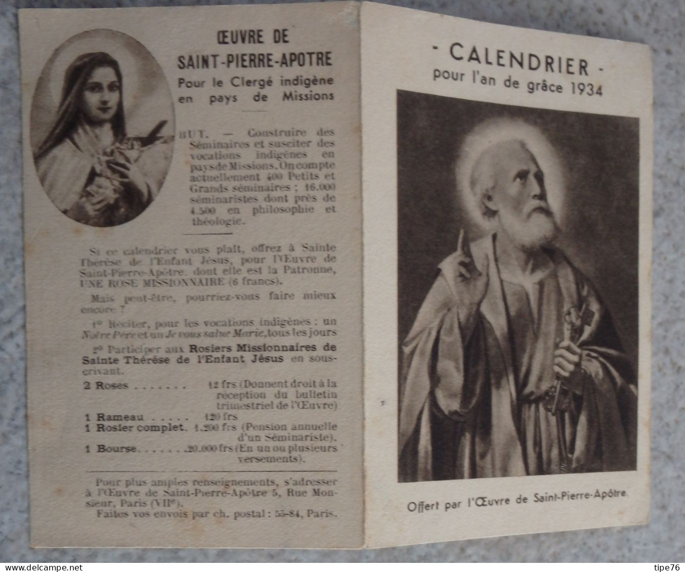 Petit Calendrier  De Poche  Image Pieuse 1934 Saint Pierre Apôtre - Klein Formaat: 1921-40