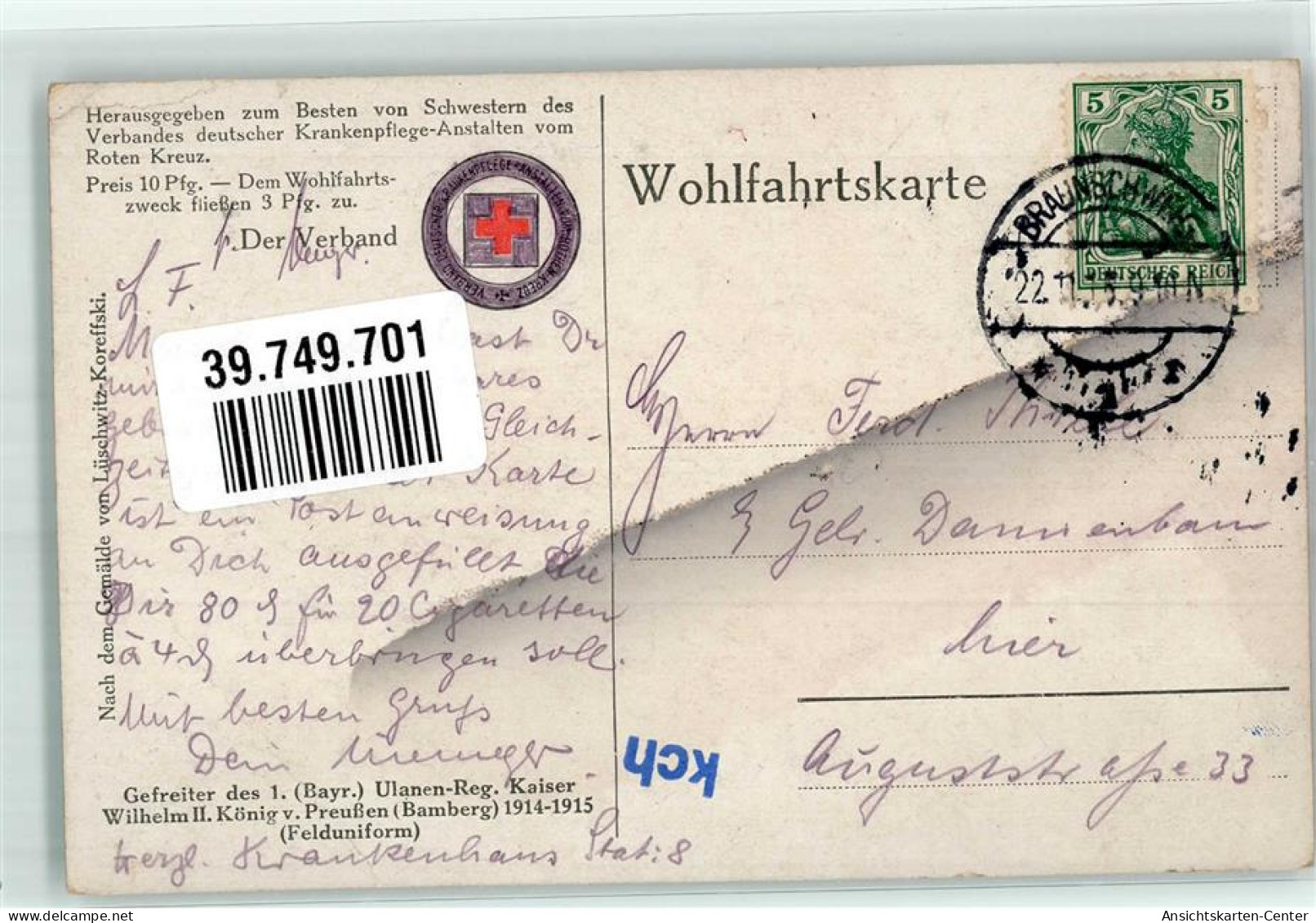 39749701 - Sign. Lueschwitz-Koreffski Ulan Gefreiter D. 1. Bayr. Ulanen-Reg. Kaiser Wilhelm II. Koenig V. Preussen Wohl - Rotes Kreuz