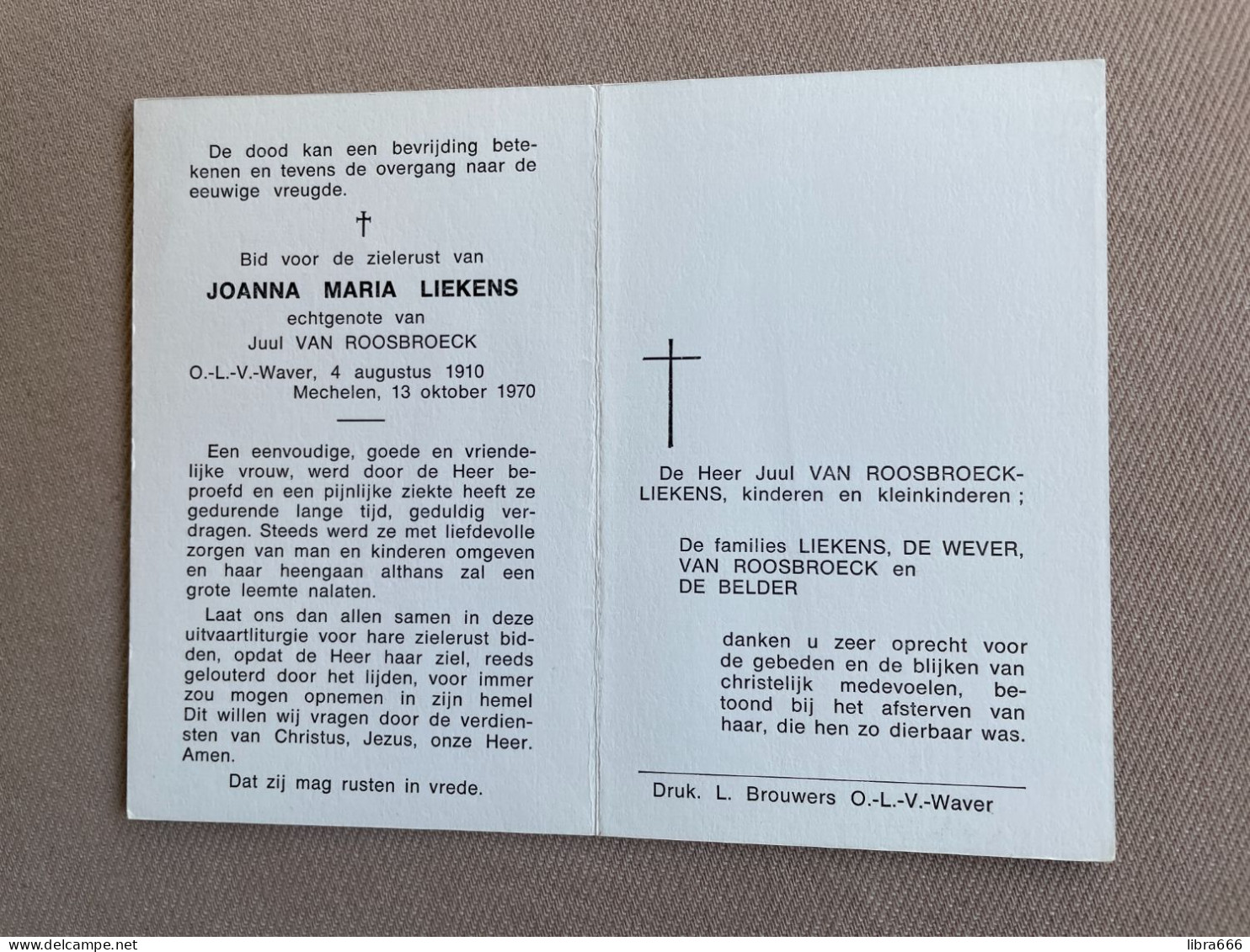 LIEKENS Joanna Maria °ONZE-LIEVE-VROUW-WAVER 1910 +MECHELEN 1970 - VAN ROOSBROECK - DE WEVER - DE BELDER - Décès