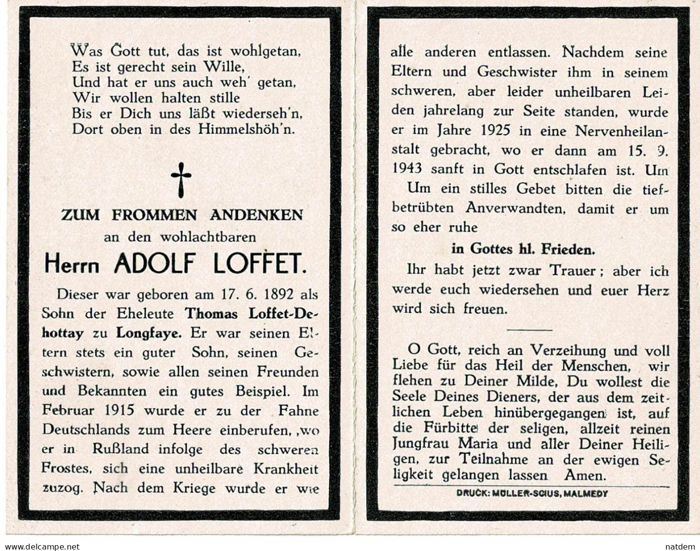 Malmedy, XHOFFRAIX, LONGFAYE, Avis De Décès D' Adolf LOFFET, Suite à Sa Participation à La Guerre 14/18, WW1 - Malmedy