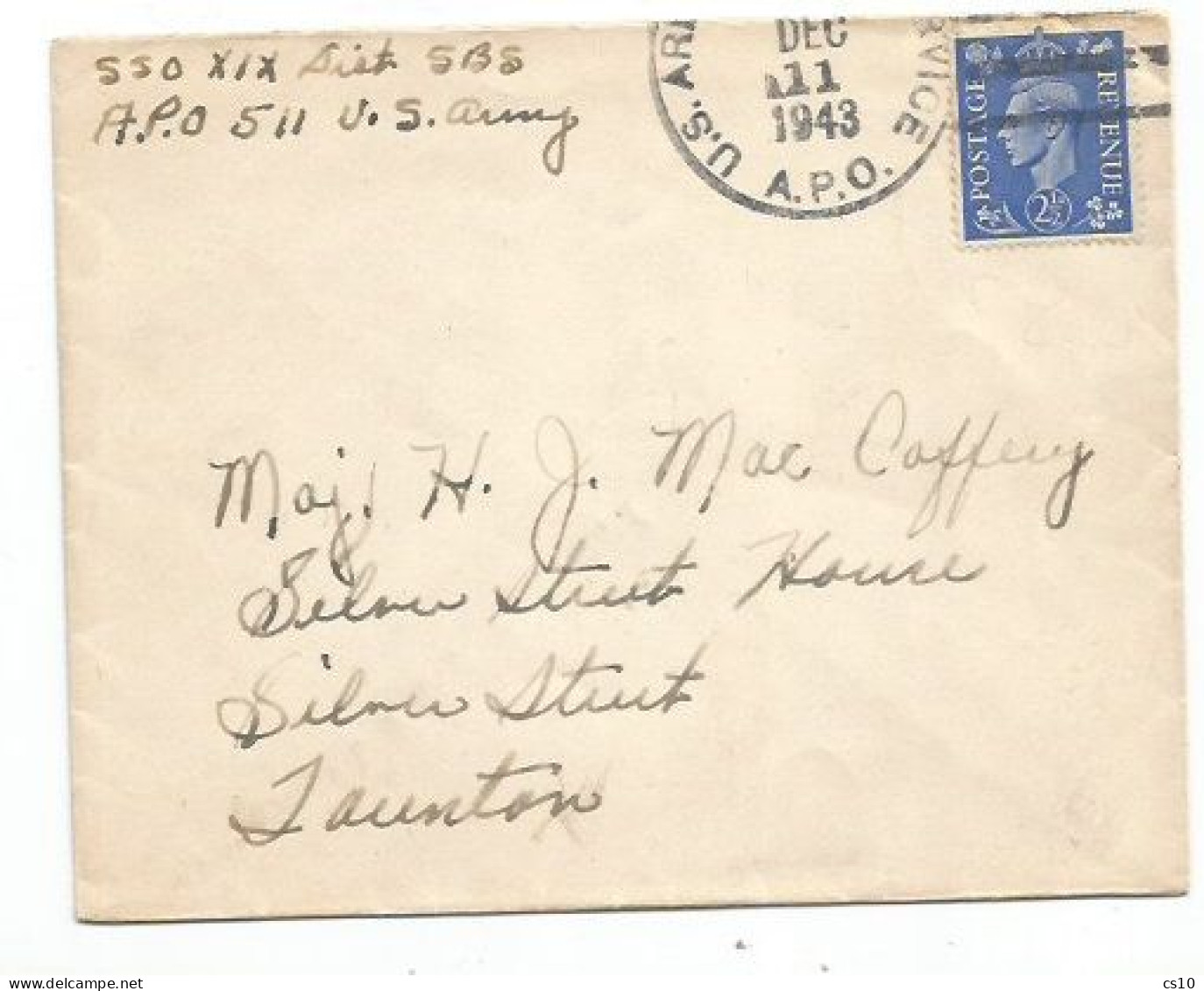 UK Britain KG6 2d5 Solo Franking CV APO US Army #511 On 11dec1943 To Launton UK - Postmark Collection