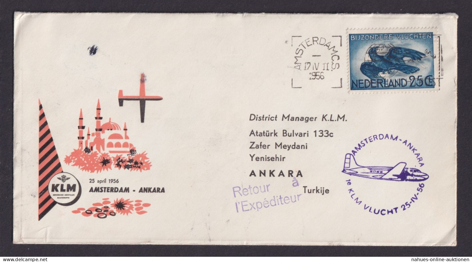 Flugpost Brief Air Mail KLM Amsterdam Niederlande Ankara Türkei Erstflug 25.4.56 - Posta Aerea