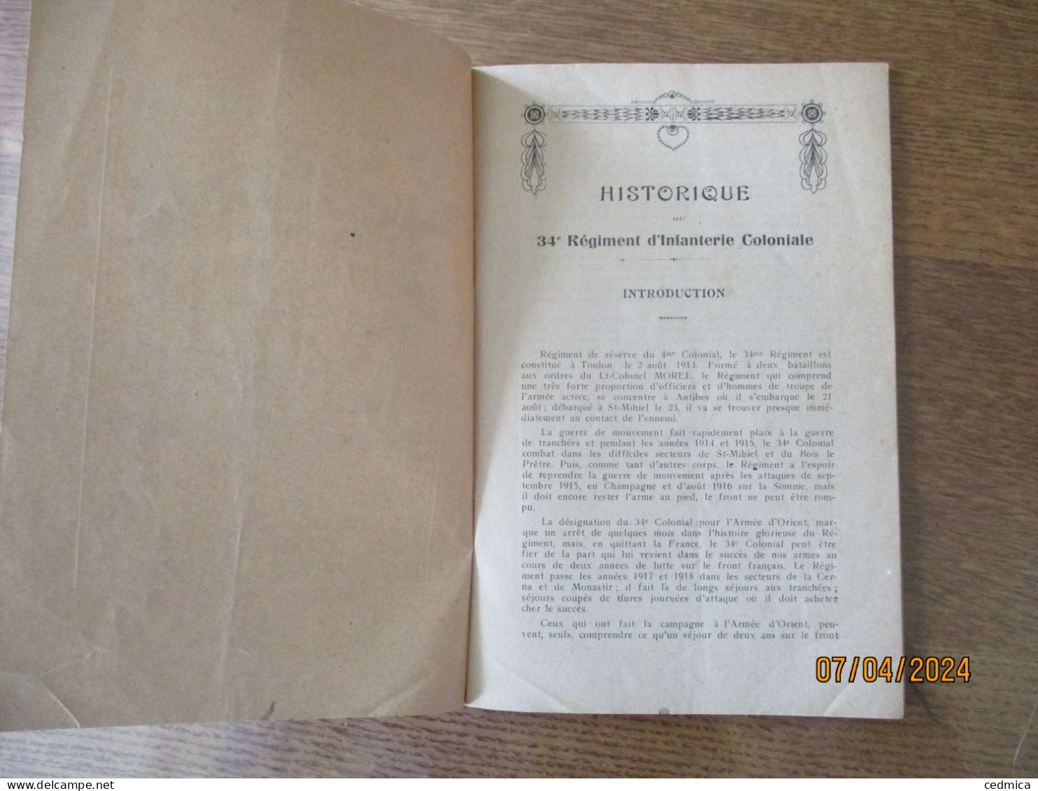 HISTORIQUE DU 34e REGIMENT D'INFANTERIE COLONIALE 1914-1918  56 PAGES - French