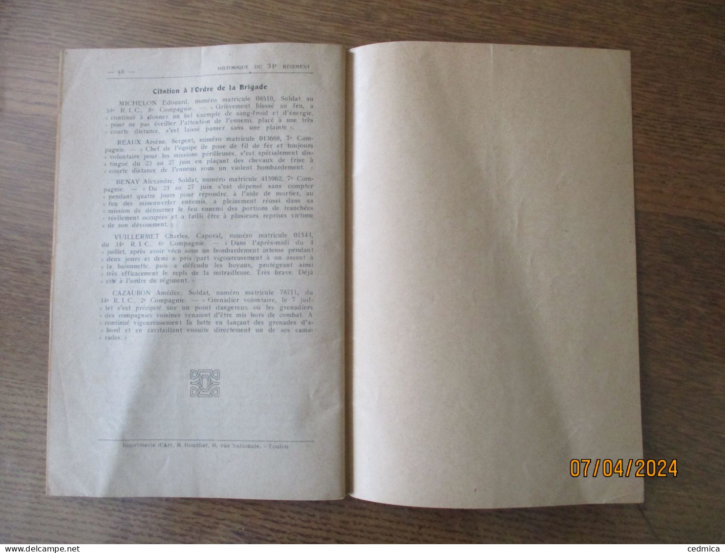 HISTORIQUE DU 34e REGIMENT D'INFANTERIE COLONIALE 1914-1918  56 PAGES - Francés