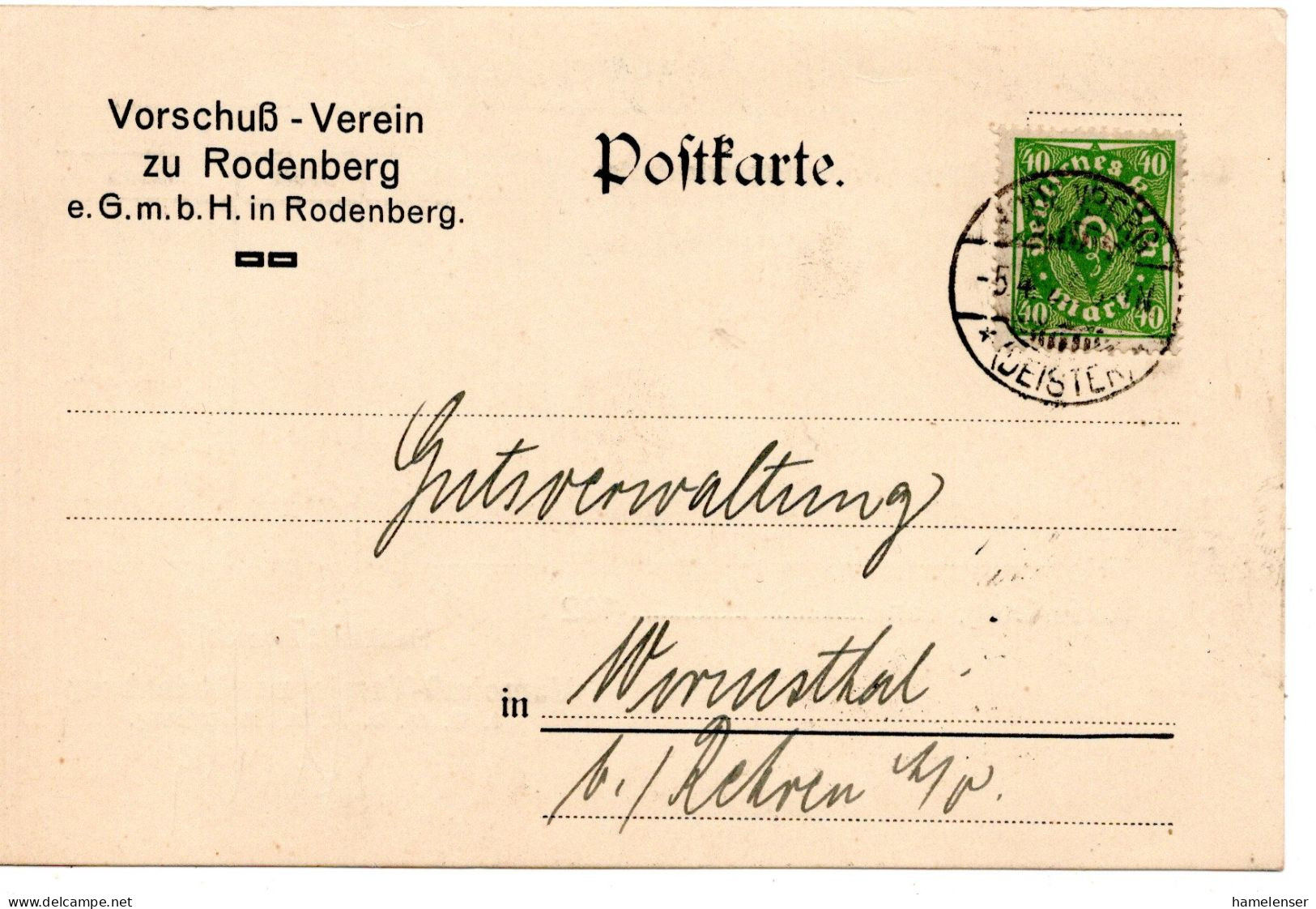 76984 - Deutsches Reich - 1923 - 40M Posthorn EF A Kte RODENBERG -> Wormsthal - Lettres & Documents