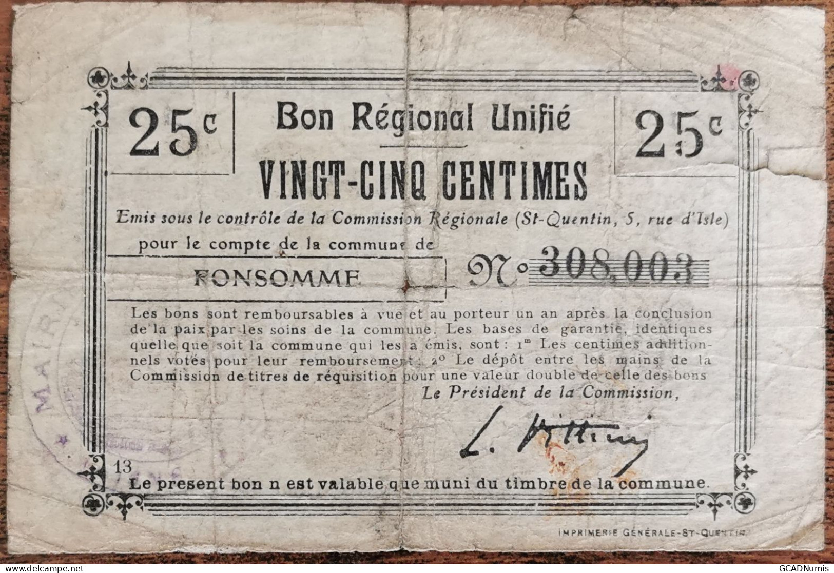 Bon Régional Unifié De 25 Centimes FONSOMME - Nécessité - N°308003 - Notgeld