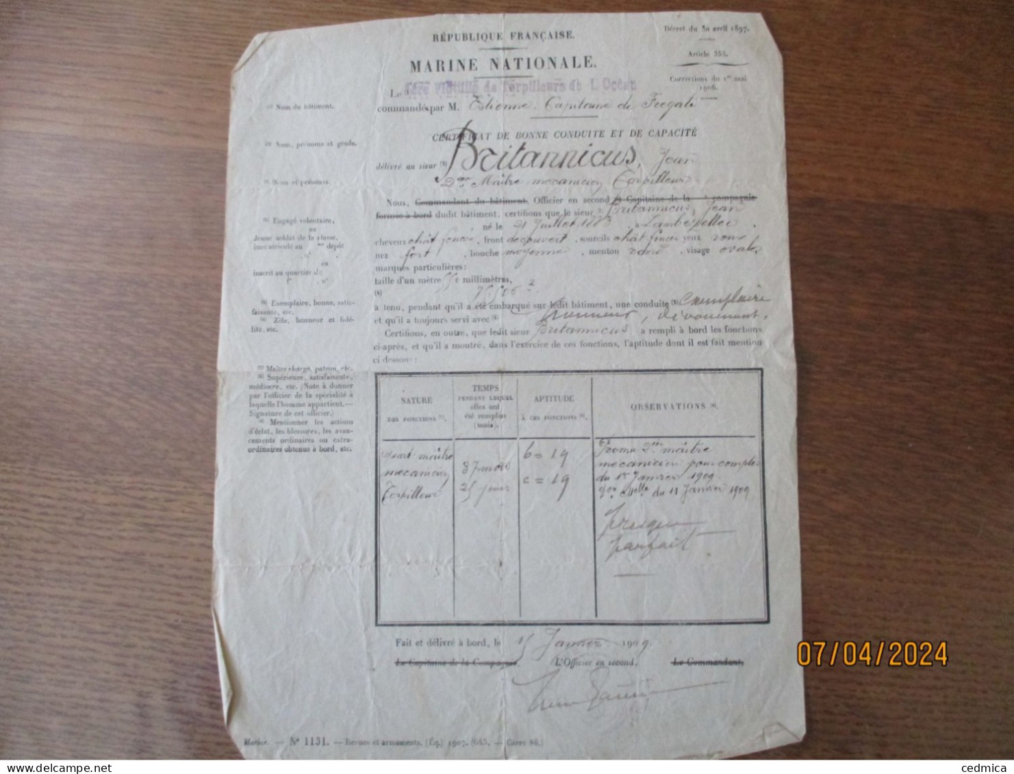 MARINE NATIONALE 1ère FLOTILLE DE TORPILLEURS DE L 'OCEAN  COMMANDEE PAR M.ESTIENNE CERTIFICAT DU 15 JANVIER 1909 BRITAN - Boats