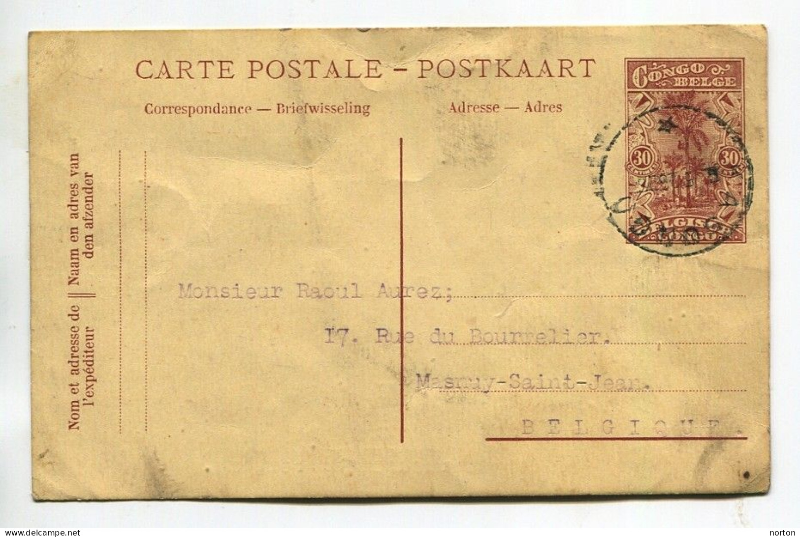 Congo Kasongo Oblit. Keach 5C1-Dmyt Sur Entier Postal Vers Masnuy-st-Jean  Le 08/05/1926 - Briefe U. Dokumente