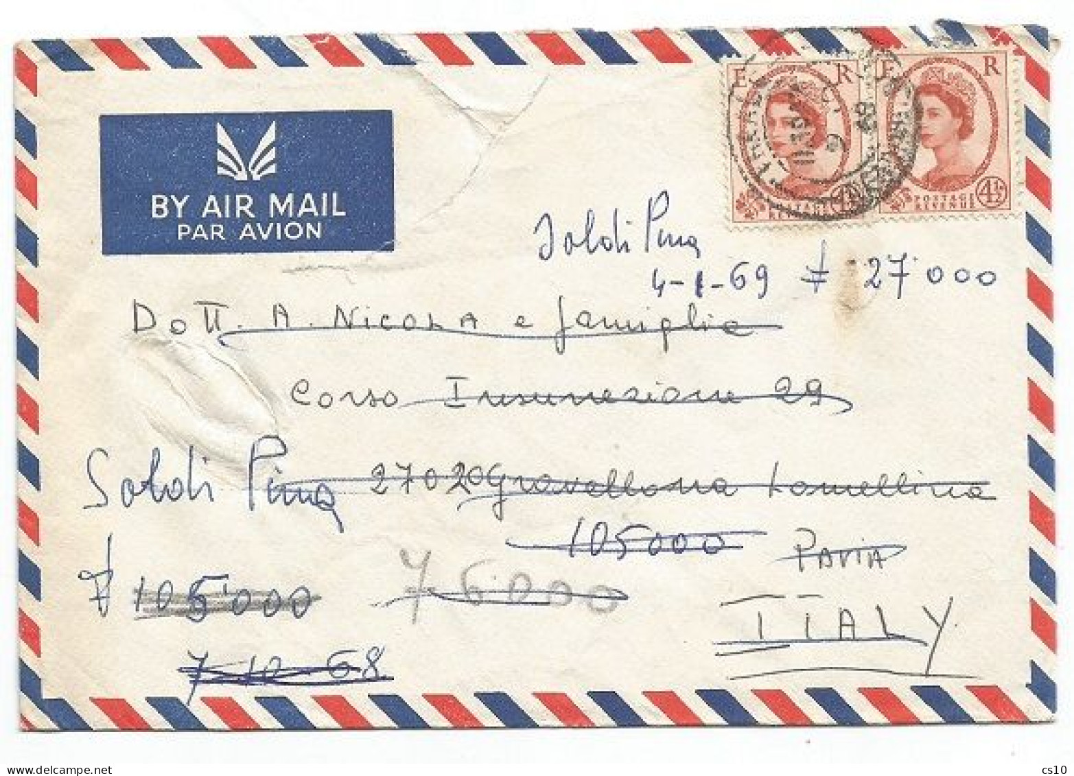 UK Britain Airmail Cover Theale 9jan1968 To Italy With Wilding P.4.5 X2pcs - Poststempel