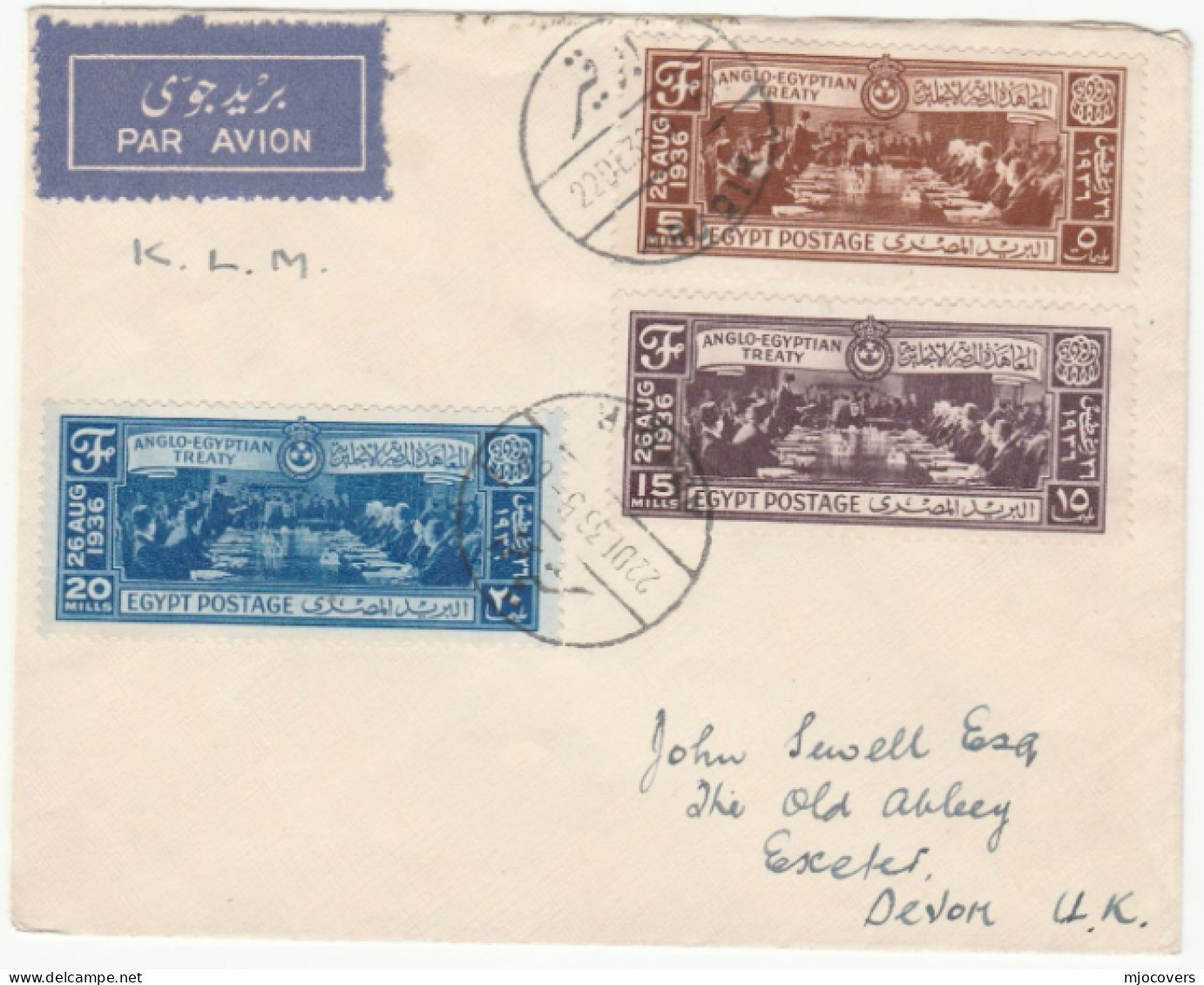 1936 Set TREATY Stamps KLM Flight EGYPT Airmail COVER Alexandria  To Exeter GB  Air Mail Label Aviation - Lettres & Documents