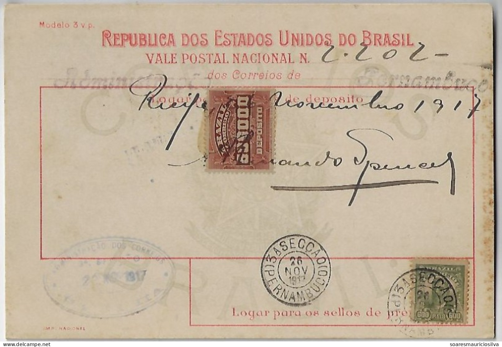 Brazil 1917 Money Order From Recife To Bahia Vale Postal Stamp 50,000 Reis + Definitive President Prudente De Morais - Covers & Documents