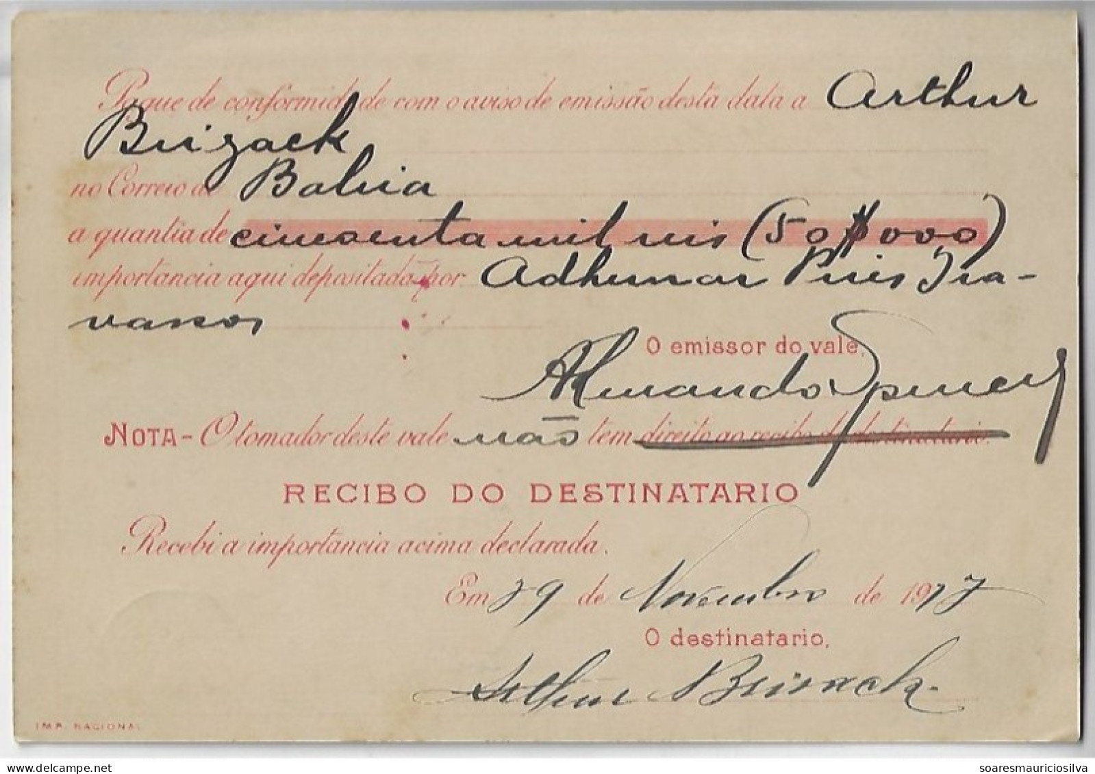 Brazil 1917 Money Order From Recife To Bahia Vale Postal Stamp 50,000 Reis + Definitive President Prudente De Morais - Lettres & Documents