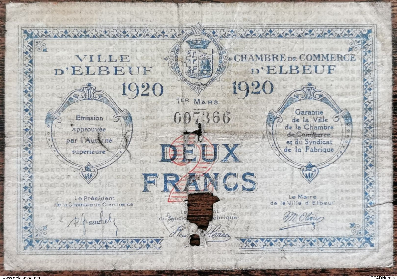 Billet 2 Francs Chambre De Commerce D'ELBEUF - 1920 - N°007366 (cf Photos) - Handelskammer