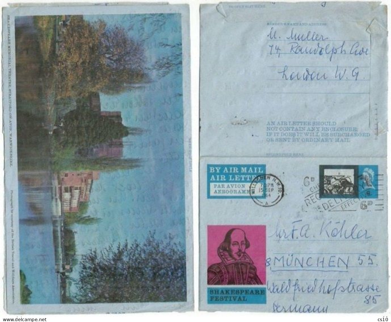 UK Britain Shakespeare Aerogramme D.6 Simple Use From Willesden 15sep64 To Germany - Storia Postale