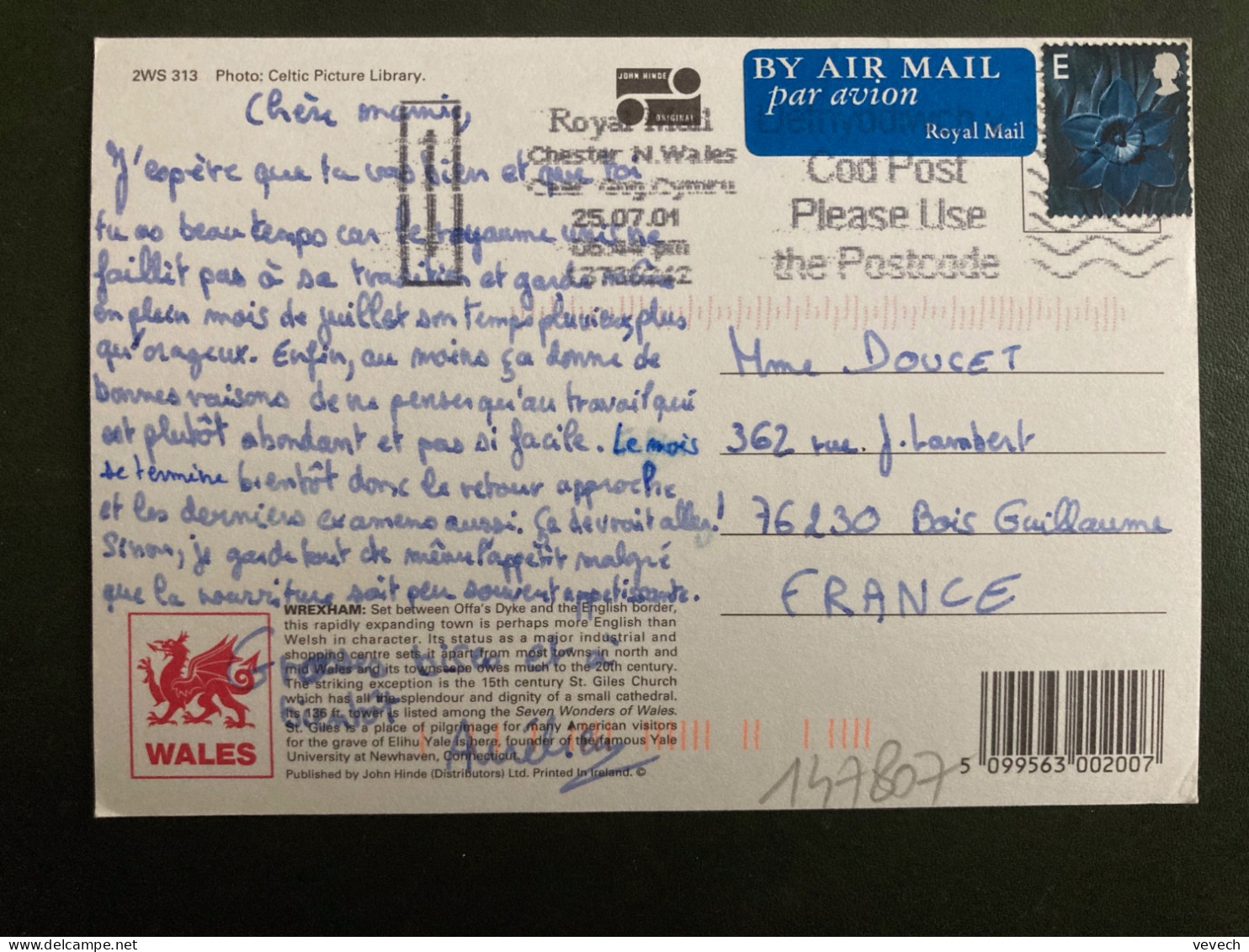 CP WALES WREXHAM Par Avion Pour La FRANCE TP E OBL.MEC.25 07 01 CHESTER N. WALES - Briefe U. Dokumente