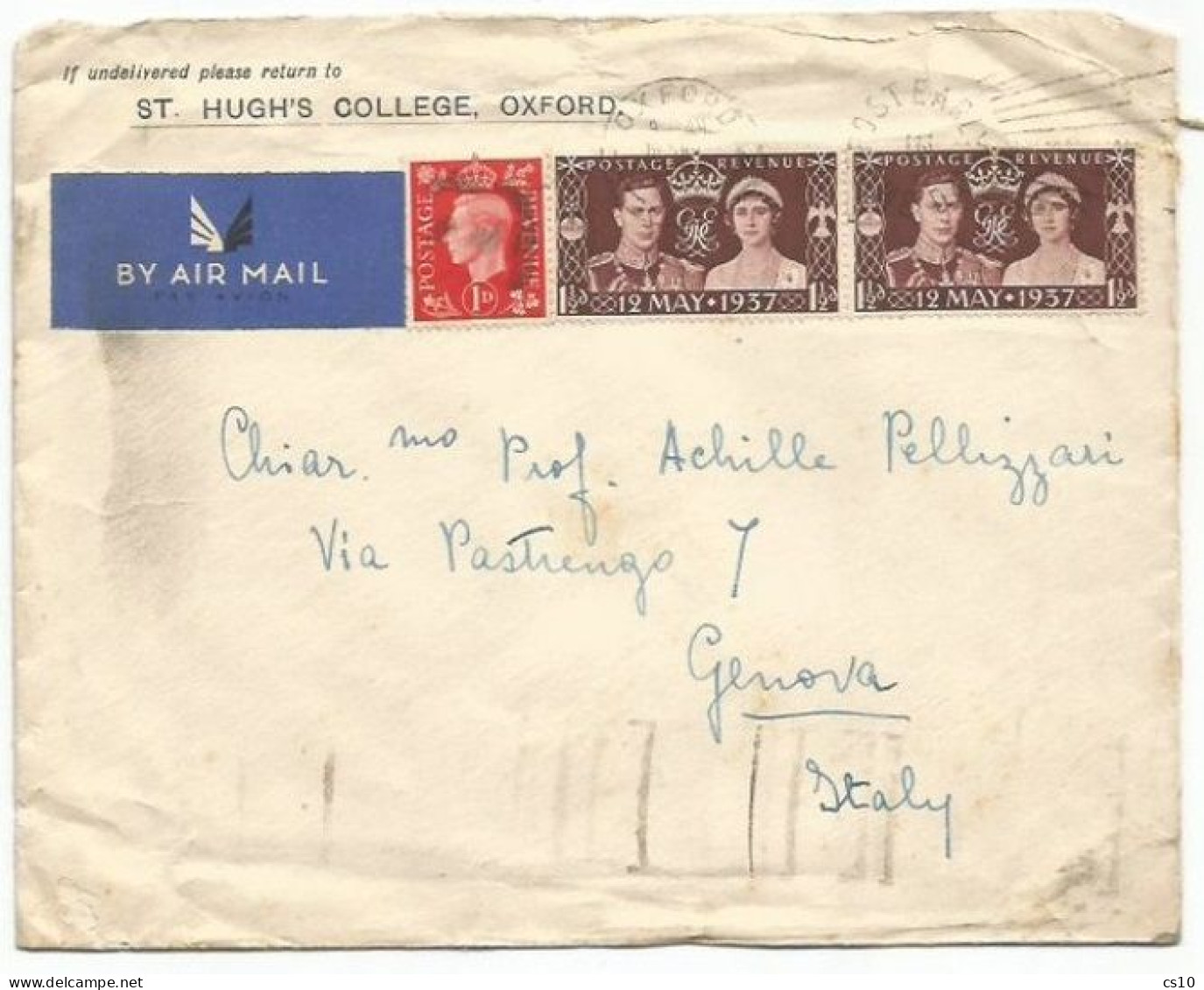 Uk Britain Coronation Day 1d5 Pair + Regular KG5 D1 AirmailCV St. Hugh's College Oxford 16jul1937 To Italy - Storia Postale