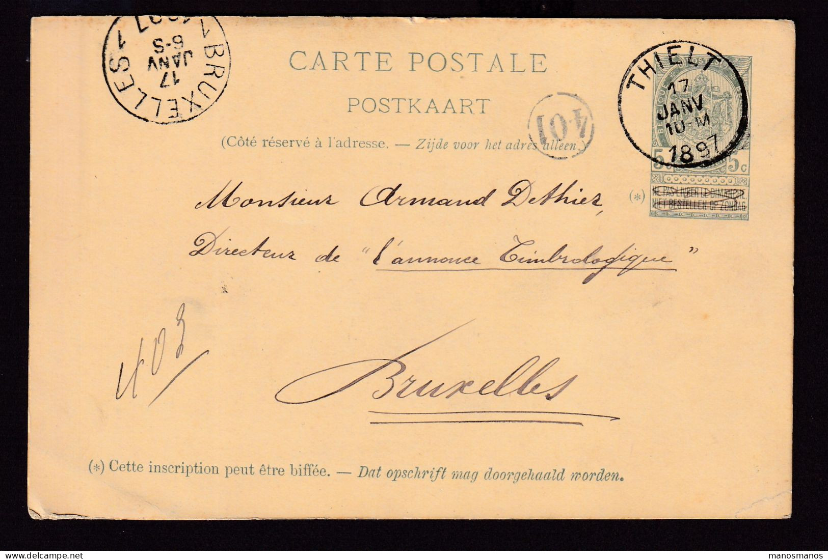 DDFF 858 --  Collection THIELT - Entier Armoiries 1897 Vers BXL - Origine Manuscrite VIVE ST BAVON = ST BAAFS VIJVE - Briefkaarten 1871-1909