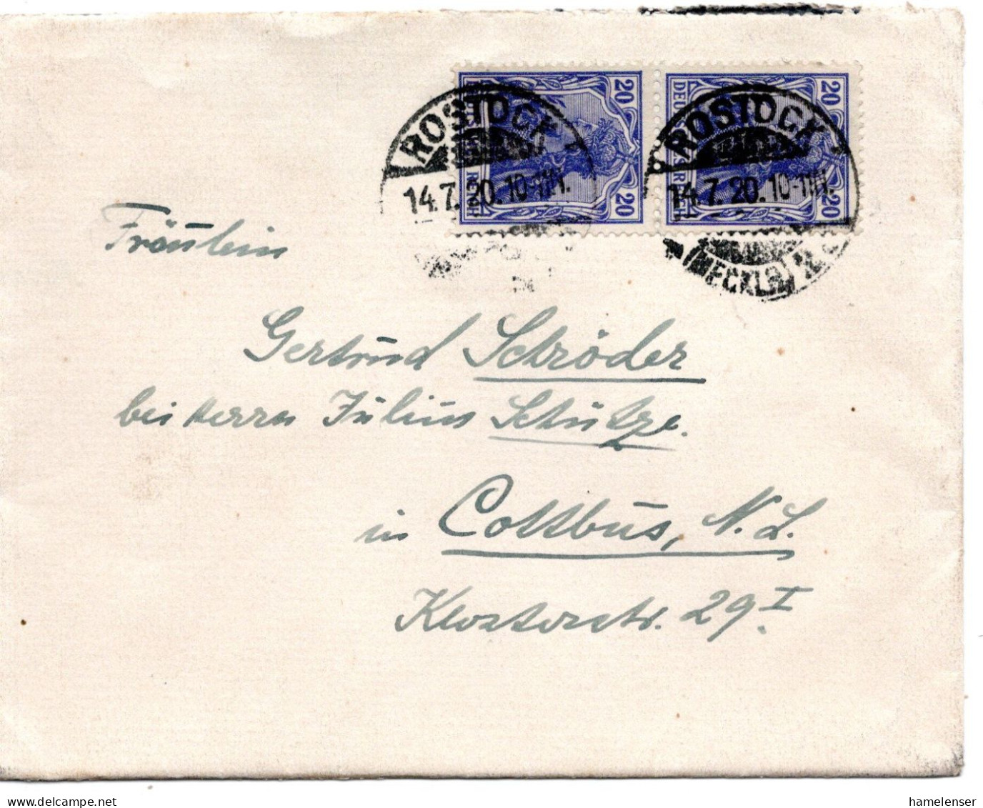 77002 - Deutsches Reich - 1920 - 2@20Pfg Germania A Bf ROSTOCK -> Cottbus - Cartas & Documentos