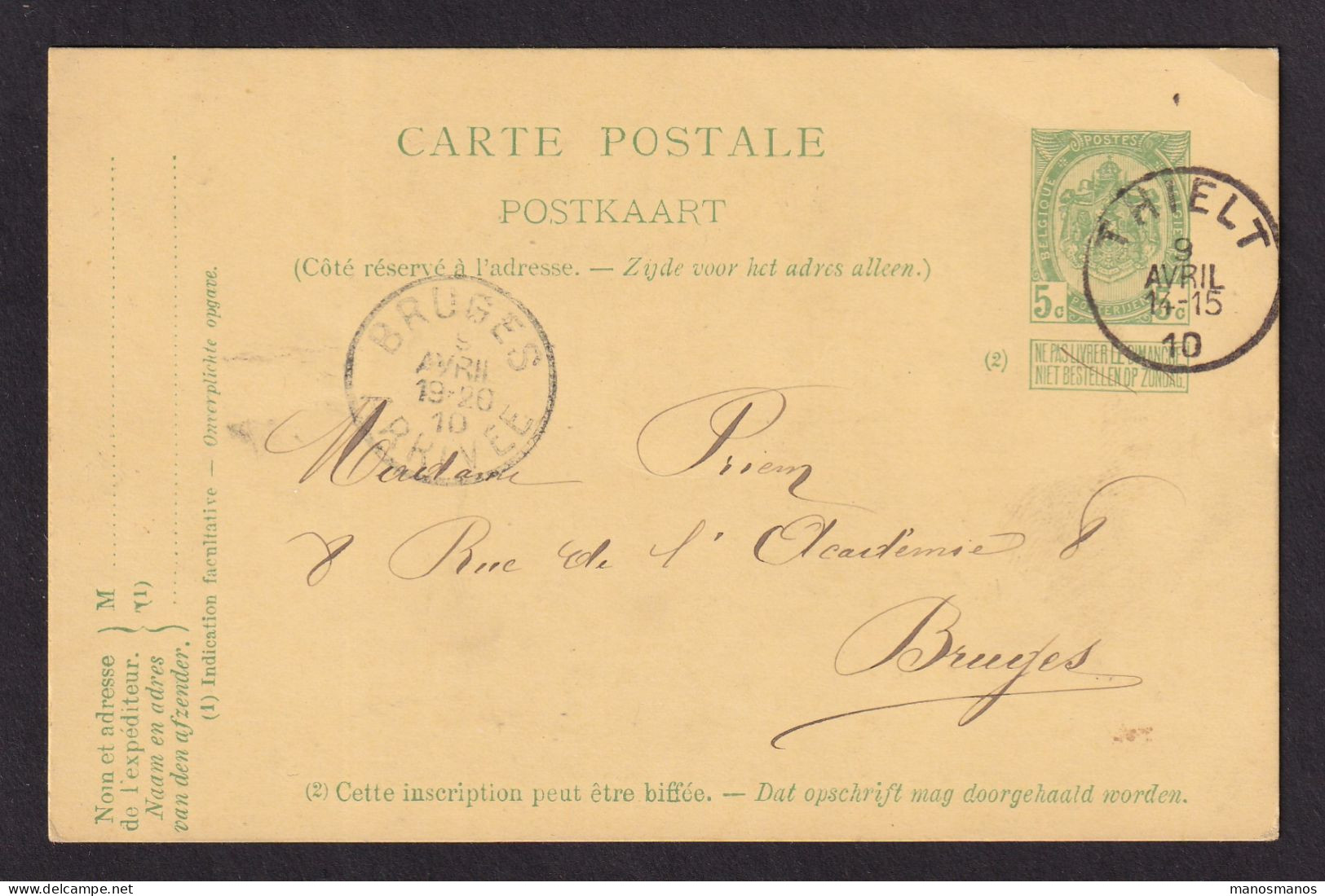 DDFF 859 --  Collection THIELT - Entier Armoiries 1910 Vers BRUGES - Origine Manuscrite CANEGHEM - Postcards 1871-1909