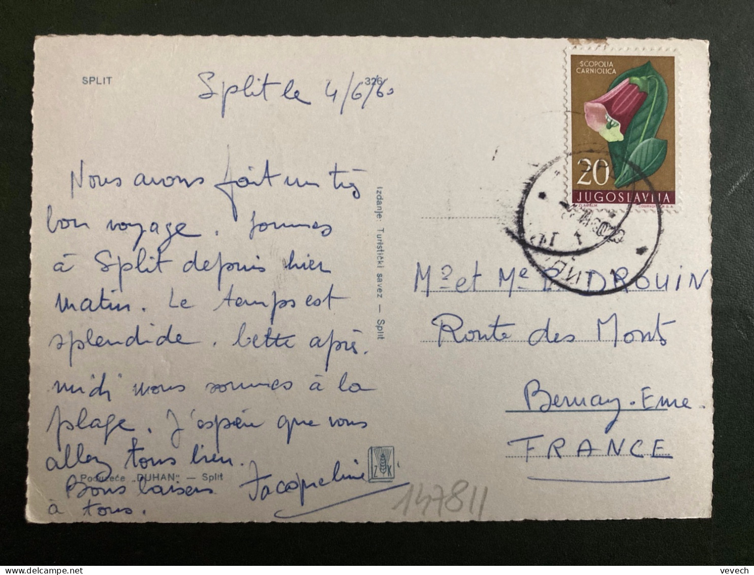 CP DUHAN Pour La FRANCE TP FLEUR SCOPOLIA CARNIOLICA 20 OBL.4 6 60 - Lettres & Documents