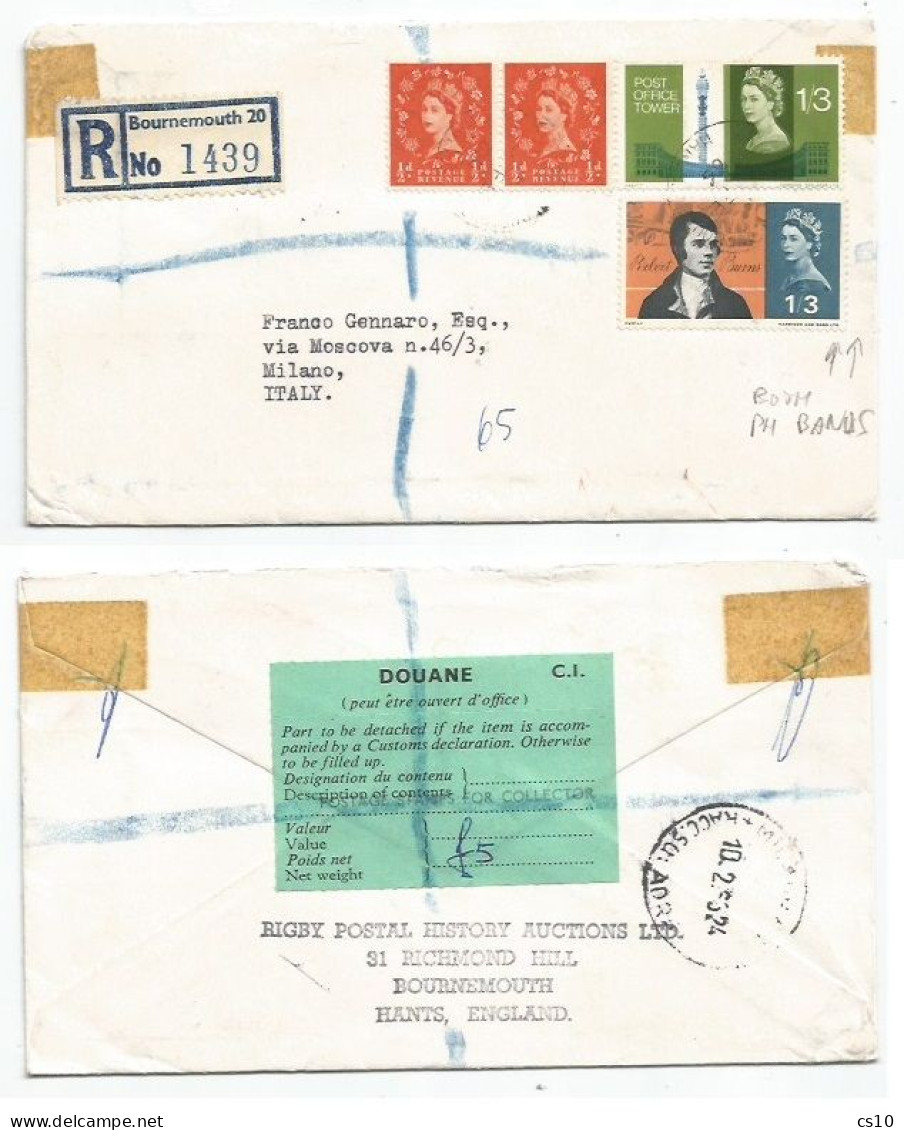 Uk Britain Reg.CV 5feb1966 To Italy With 1S3 P.Office Tower + 1S3 Burns BOTH Phosphor Bands + 2 Regular + Customs Label - Storia Postale