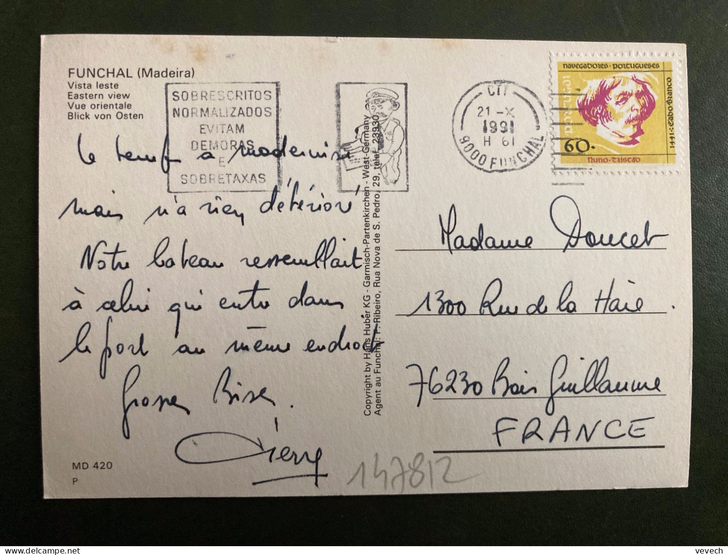 CP Pour La FRANCE TP CABO BRANCO 60 OBL.MEC.21 X 1991 FUNCHAL + FACTEUR - Lettres & Documents