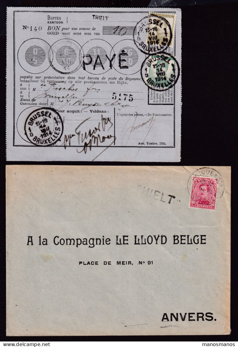 DDFF 860 --  Collection THIELT - 3 Griffes D'origine Différentes - Bon De Poste 1914 Et Cachets De FORTUNE BELGIQUE 20 - Linear Postmarks