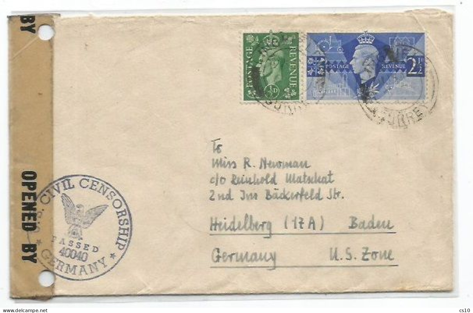 Uk Britain Censored CV  Lingfield 6sep1946 To Germany US Zone With Victory 2.5 + Regular Half Penny - Storia Postale