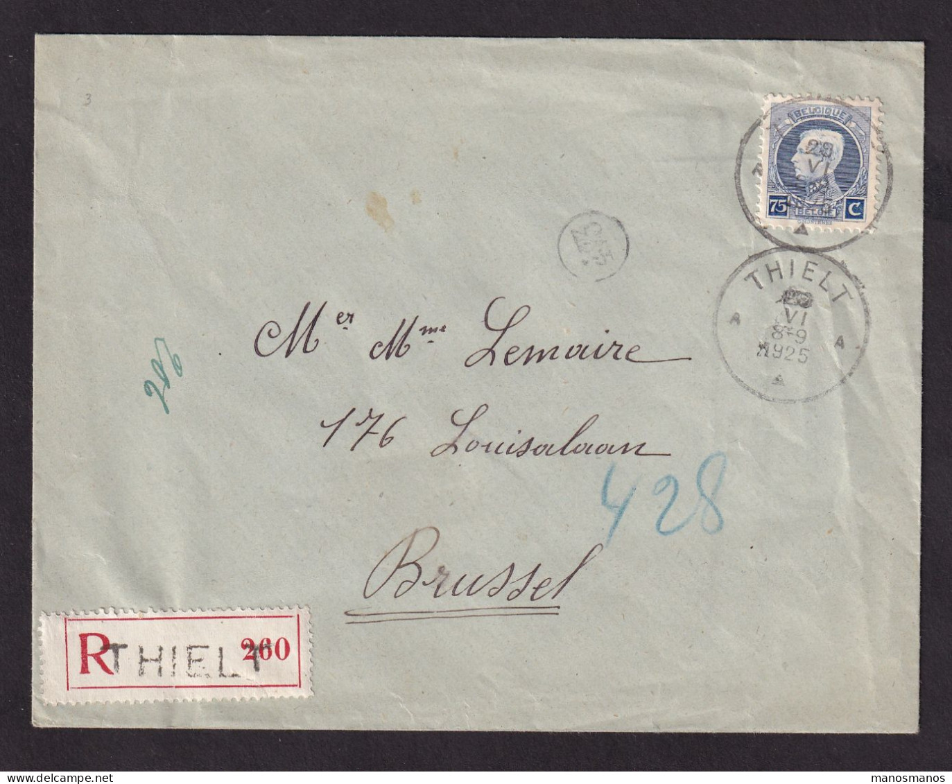 DDFF 861 --  Collection THIELT - Enveloppe Recommandée TP Petit Montenez1925 Vers BXL - Grande Griffe S/ Etiq. Reco - 1921-1925 Small Montenez