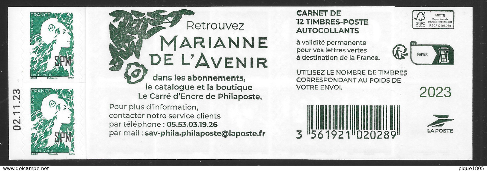 Marianne De L'Avenir Balez Carnet De Guichet Daté 02.11.23 SPM - Carnets