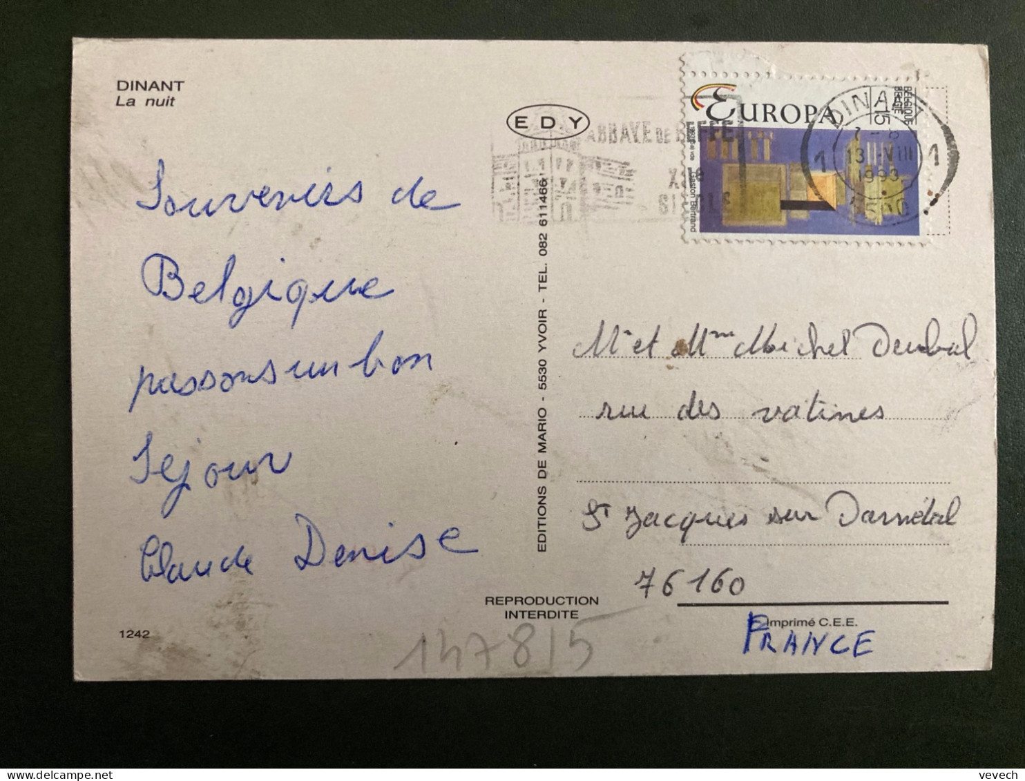 CP Pour La FRANCE TP EUROPA GASTON BERTRAND 15 OBL.MEC.13 VIII 1993 DINANT & - Storia Postale