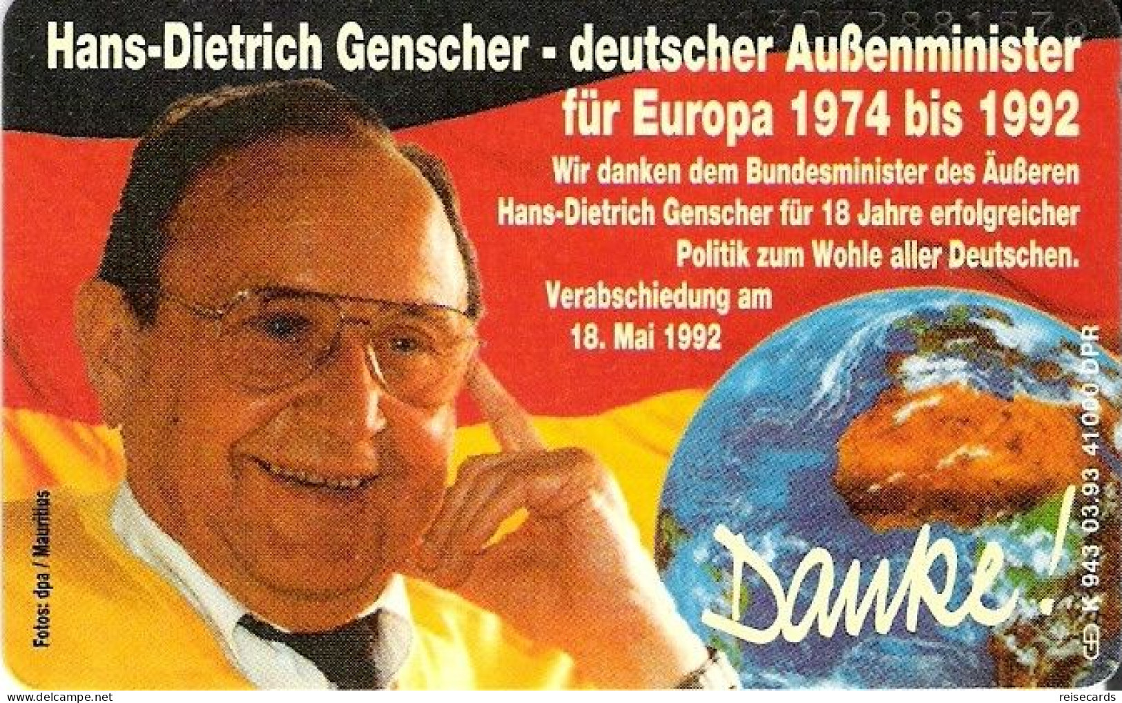 Germany: K 943 03.93 Hans-Dietrich Genscher, 1. Europa-Ecu-Karte. Mint - K-Series: Kundenserie