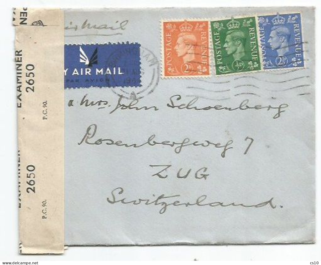 Uk Britain Censored CV Birmingham 21aug1944 To Suisse With Regular Issue D2 + D2.5 + D0.5 - Covers & Documents