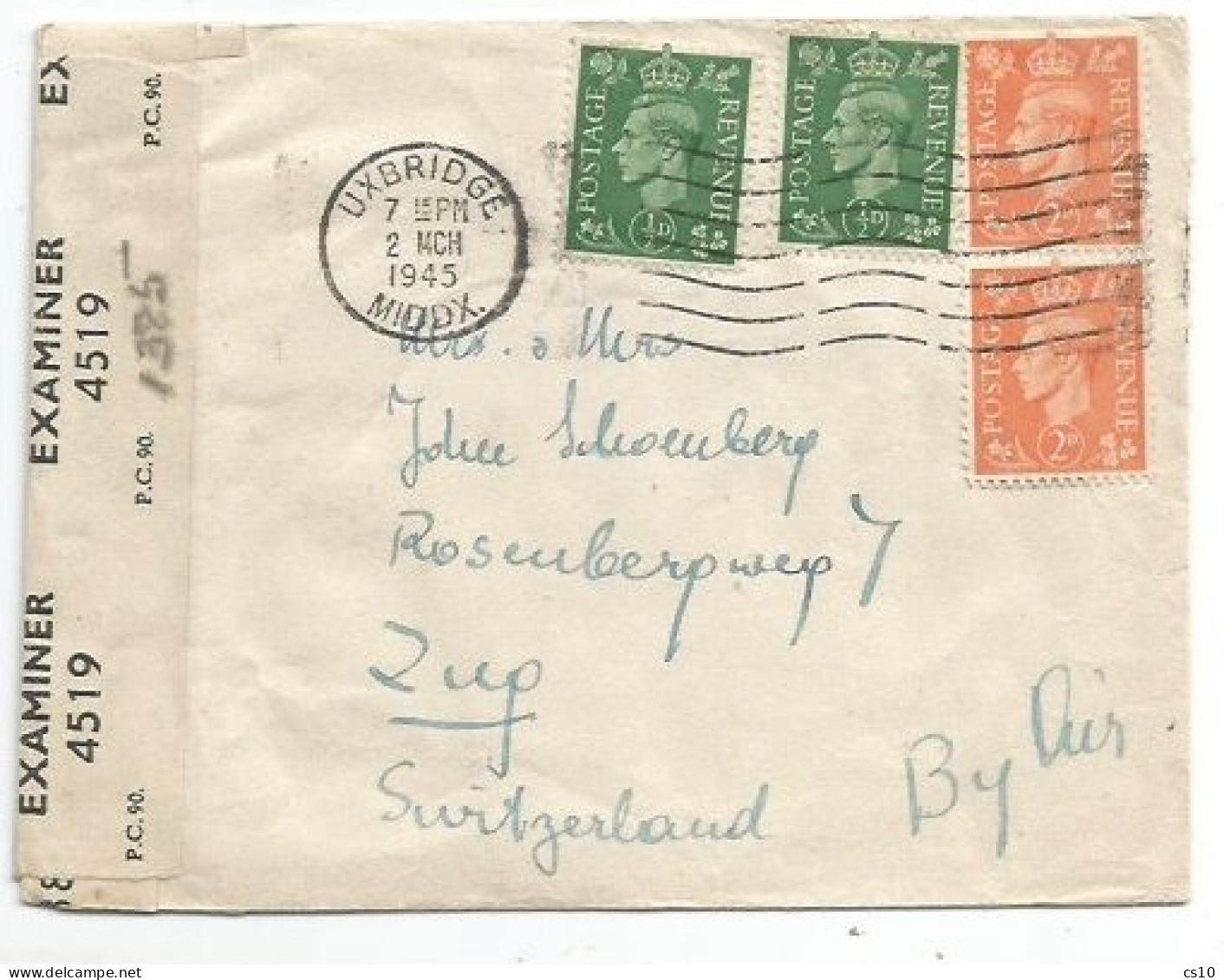 Uk Britain Censored CV Uxbridge 2mar1945 To Suisse With Regular D0.5 X2pcs + D.2 Pair - Covers & Documents