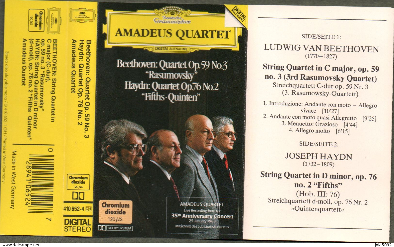 K7 - BEETHOVEN - Quartet Op.59 N°3 Rasumovsky-Quartet - HAYDN Quartet Op.76 N°2 - Cassettes Audio