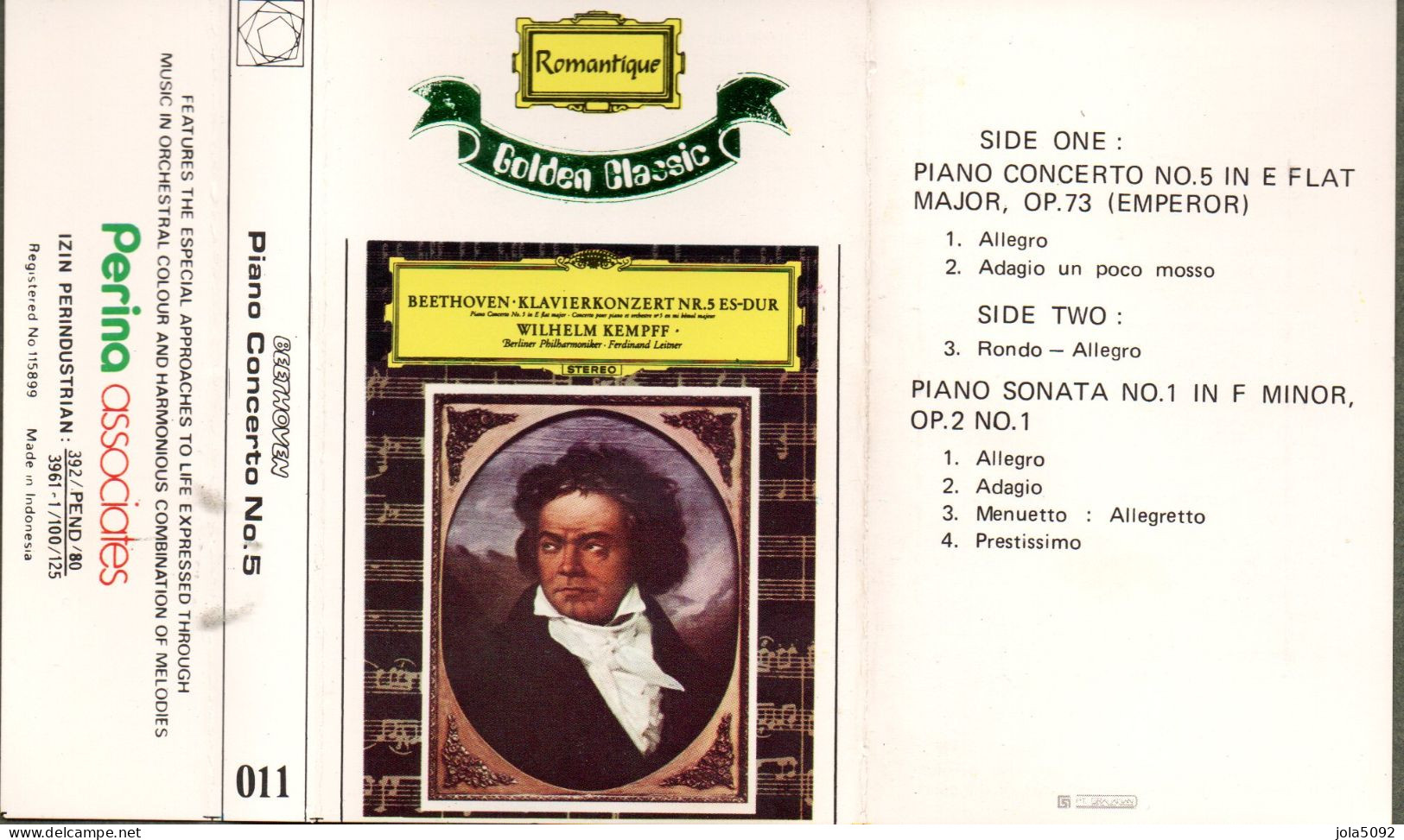 K7 - BEETHOVEN - Concerto N°5 Pour Piano Et Orchestre - Sonate N°1 - Wilhelm KEMPFF - Audiokassetten