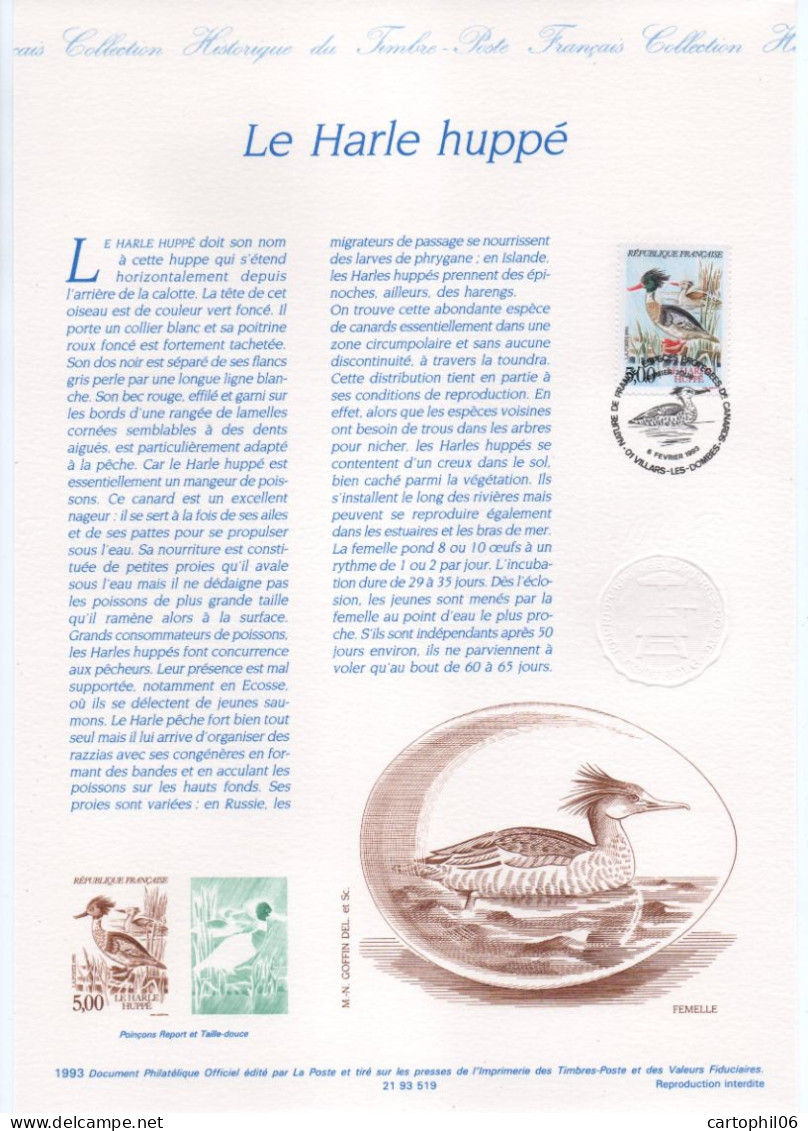 - Document Premier Jour LES CANARDS : Le Harle Huppé - VILLARS-LES-DOMBES 6.2.1993 - - Entenvögel