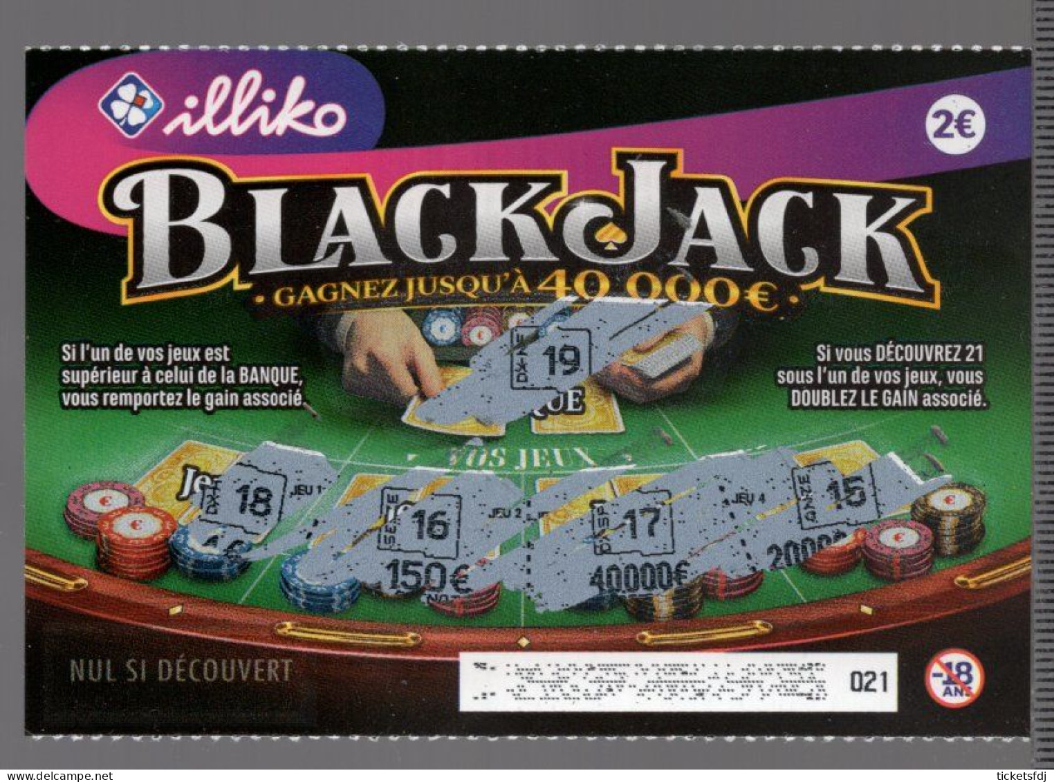 Grattage ILLIKO - BLACK JACK 64708 Angle à Droite - FRANCAISE DES JEUX - Lottery Tickets