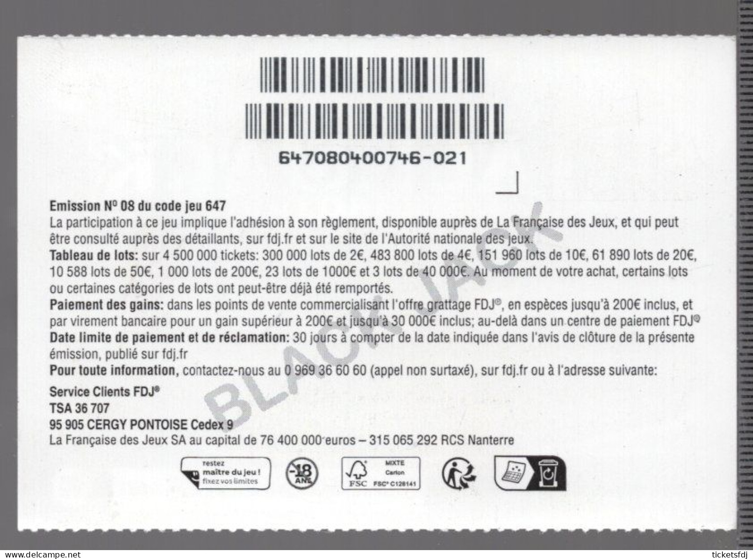 Grattage ILLIKO - BLACK JACK 64708 Angle à Droite - FRANCAISE DES JEUX - Lottery Tickets