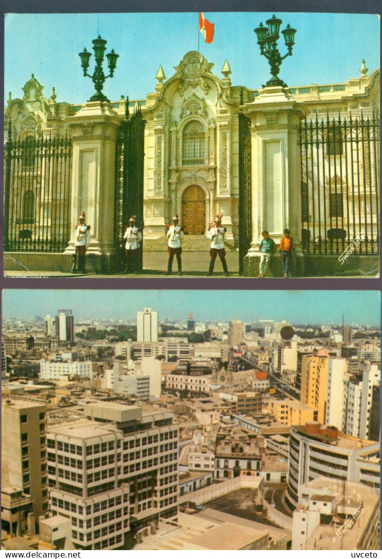 Peru, Lima, Lot Of 2 Postcards, Government Palace, Hotel Crilon, 1974, Sent To Skopje - Macedonia - Pérou