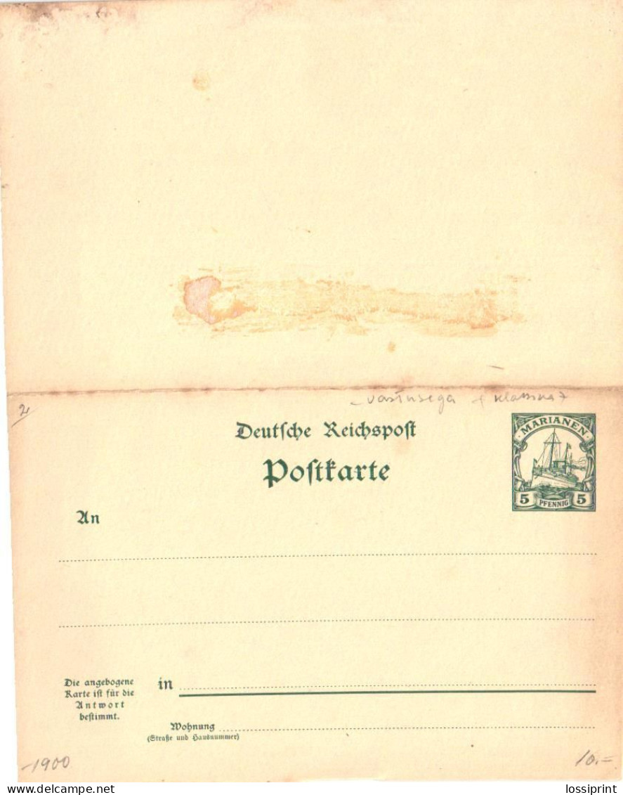 Germany:Marianena:Postal Stationery 5 Pfennig With Answer Card 5 Pfennig, Ship, 1900 - Isole Marianne