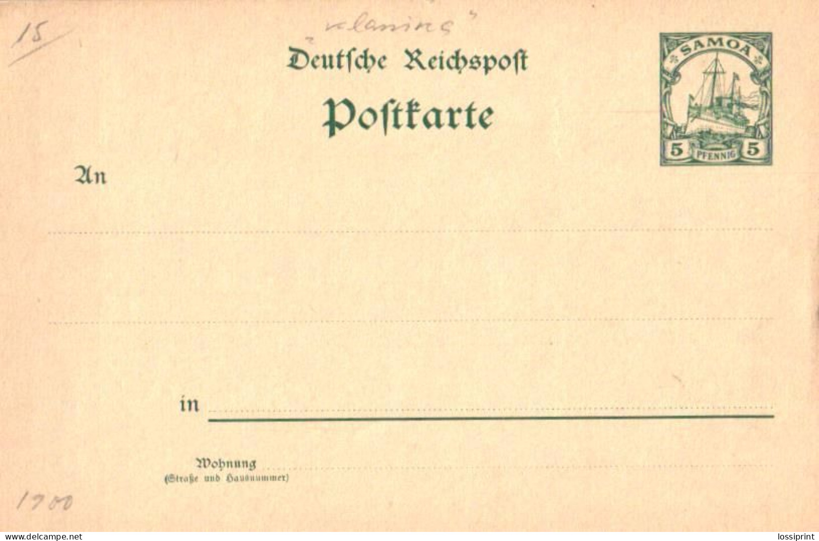 Germany:Samoa:Postal Stationery 5 Pfennig, Ship, 1900 - Samoa