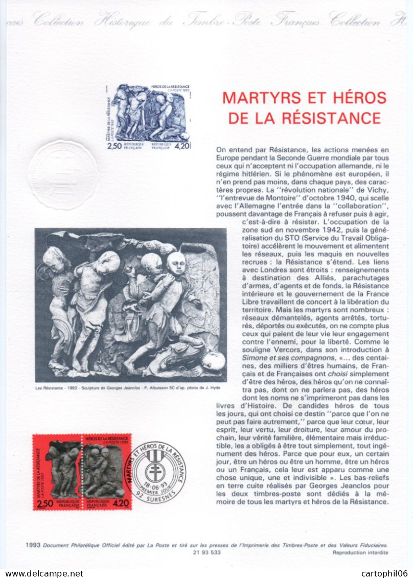 - Document Premier Jour LES MARTYRS ET HÉROS DE LA RÉSISTANCE - SURESNES 18.6.1993 - - WW2