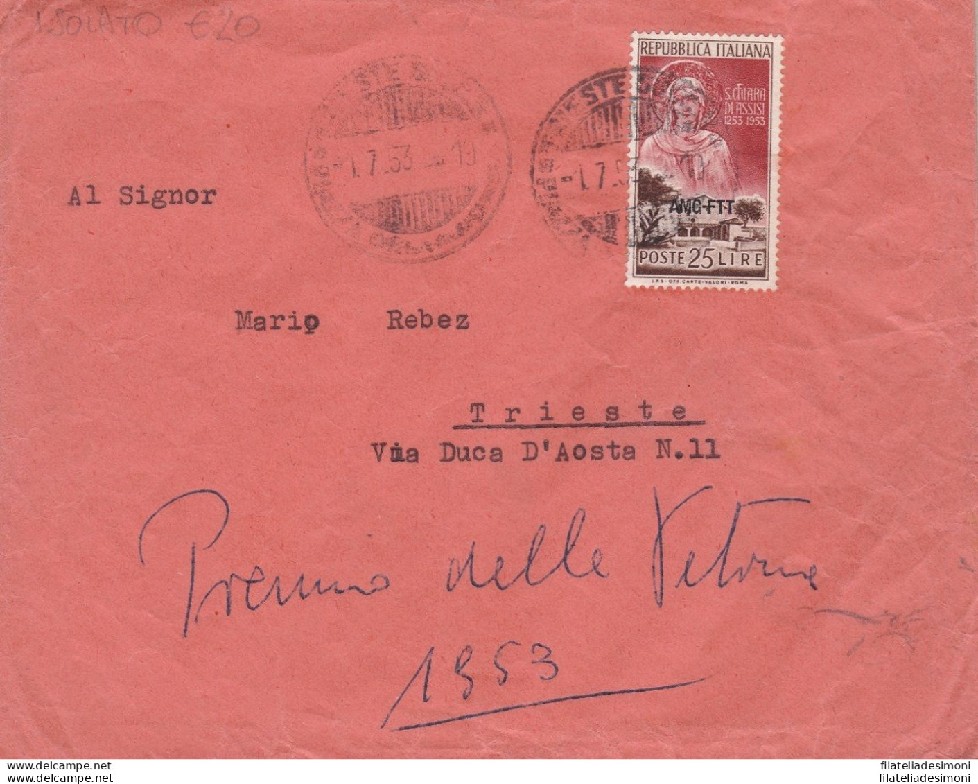 1953 TRIESTE A - N. 177 Isolato Su Lettera Viaggiata Nei Primi Giorni D'uso - Other & Unclassified