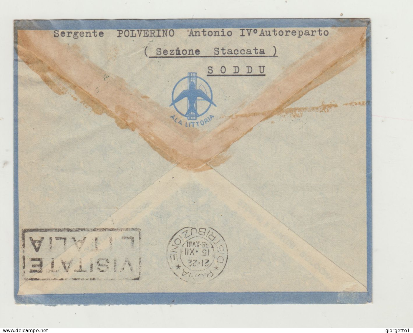 BUSTA SENZA LETTERA - VIA ALA LITTORIA - SOMALIA ITALIANA - SODDU - GALLA E SIDANA DEL 1939 VERSO ROMA WW2 - Marcophilie (Avions)