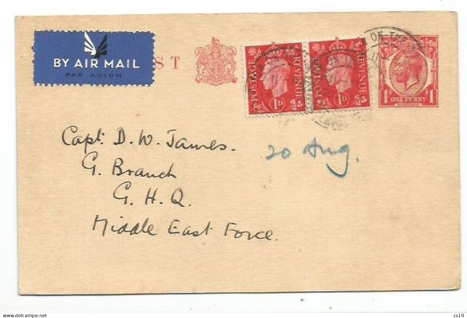 Uk Britain PSC K.Edwward D1 + KG6 Pair Of D1 On 29jul1944 To Middle East Forse MEF Headquarters - Received 30aug - Brieven En Documenten