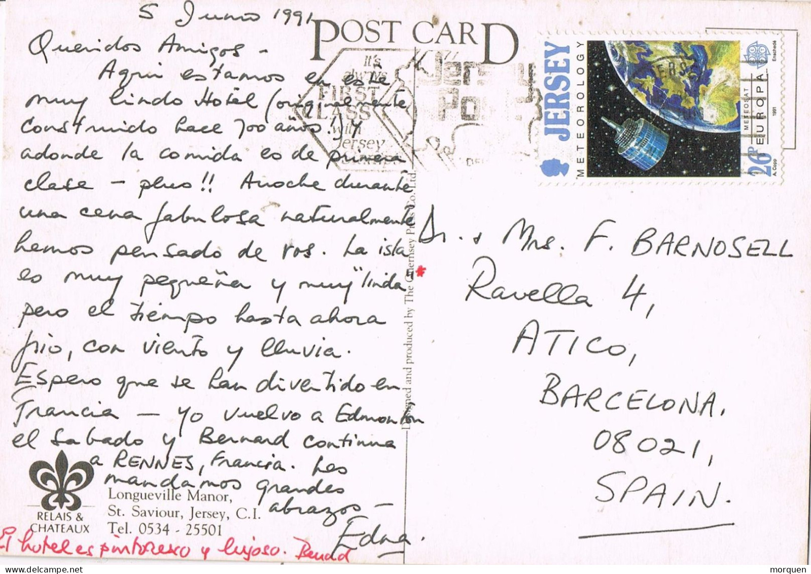 54705. Postal  JERSEY 1991. Tema EUROPA. Vista Longueville Manor - Jersey