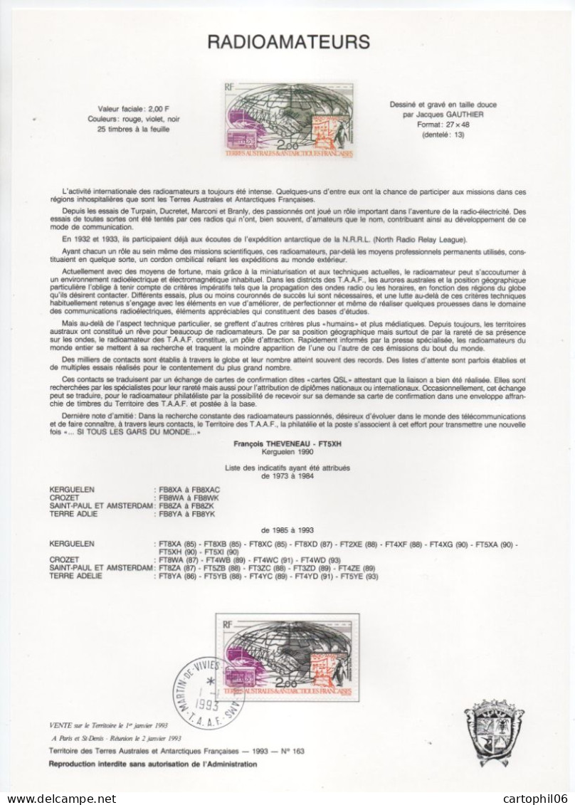 - Document Philatélique LES RADIOAMATEURS - MARTIN-DE-VIVIES-ST PAUL (T.A.A.F.) 1.1.1993 - - Programmes Scientifiques