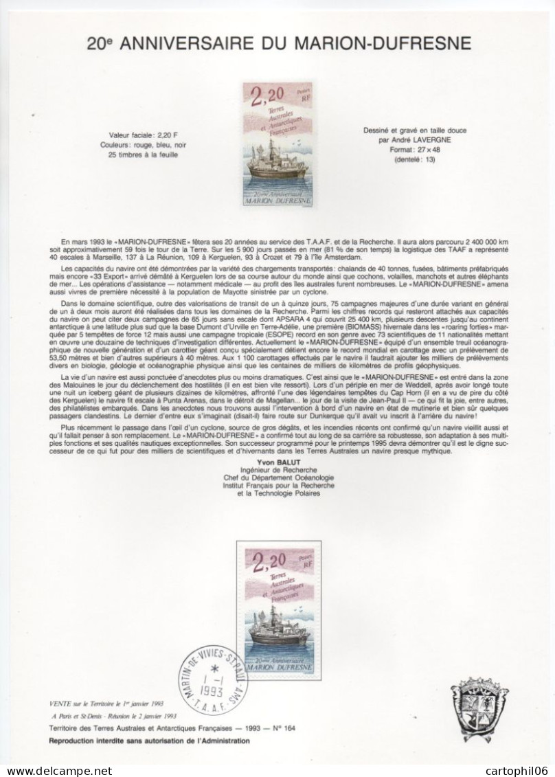 - Document Philatélique 20e ANNIVERSAIRE DU MARION-DUFRESNE - MARTIN-DE-VIVIES-ST PAUL (T.A.A.F.) 1.1.1993 - - Barcos Polares Y Rompehielos